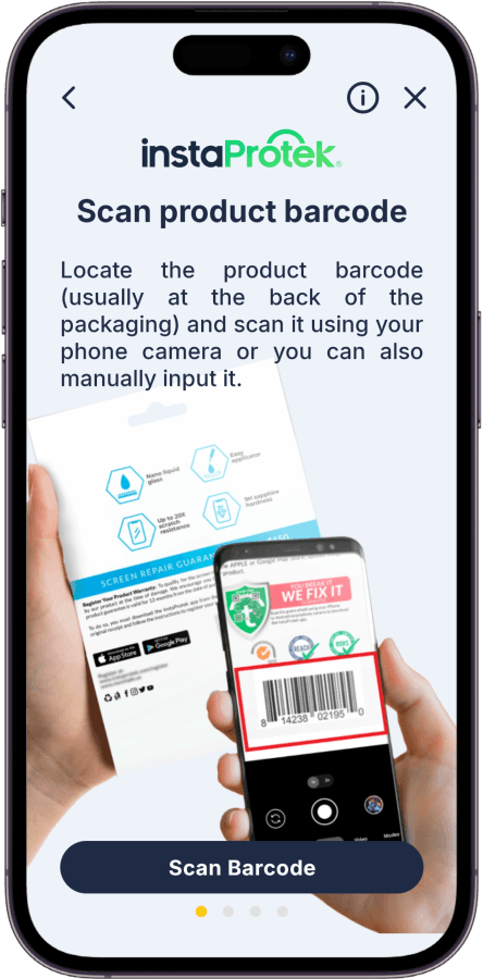 instaProtek Product Registration showing how to register and scan a barcode