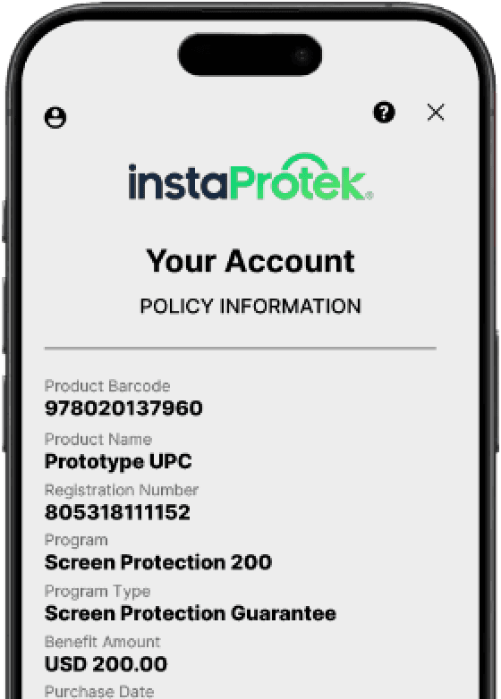 instaProtek app service request showing account details